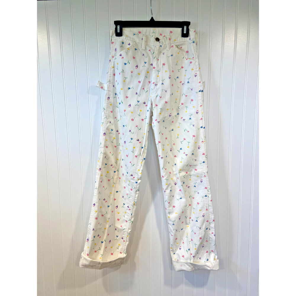 Vintage Dee Cee White Floral Print Cotton Carpenter Pants Size 26 Made In USA